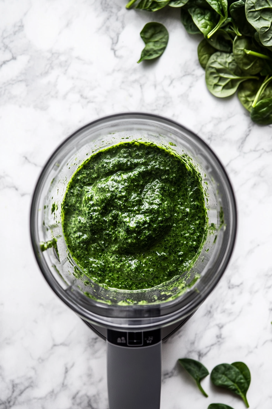 This image shows the cooked spinach and spice mixture being blended until smooth, creating a creamy and vibrant Palak Sauce, ready to serve.