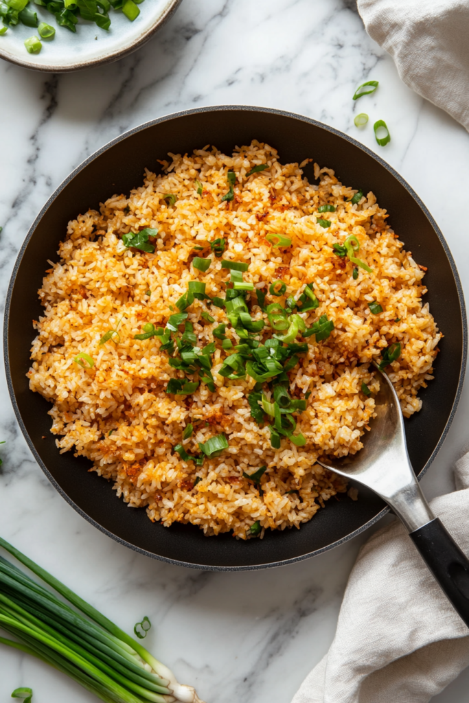 This image shows Bobby Flay's crispy rice plated with a perfect golden crust, garnished with scallions, ready to serve as a delicious meal.