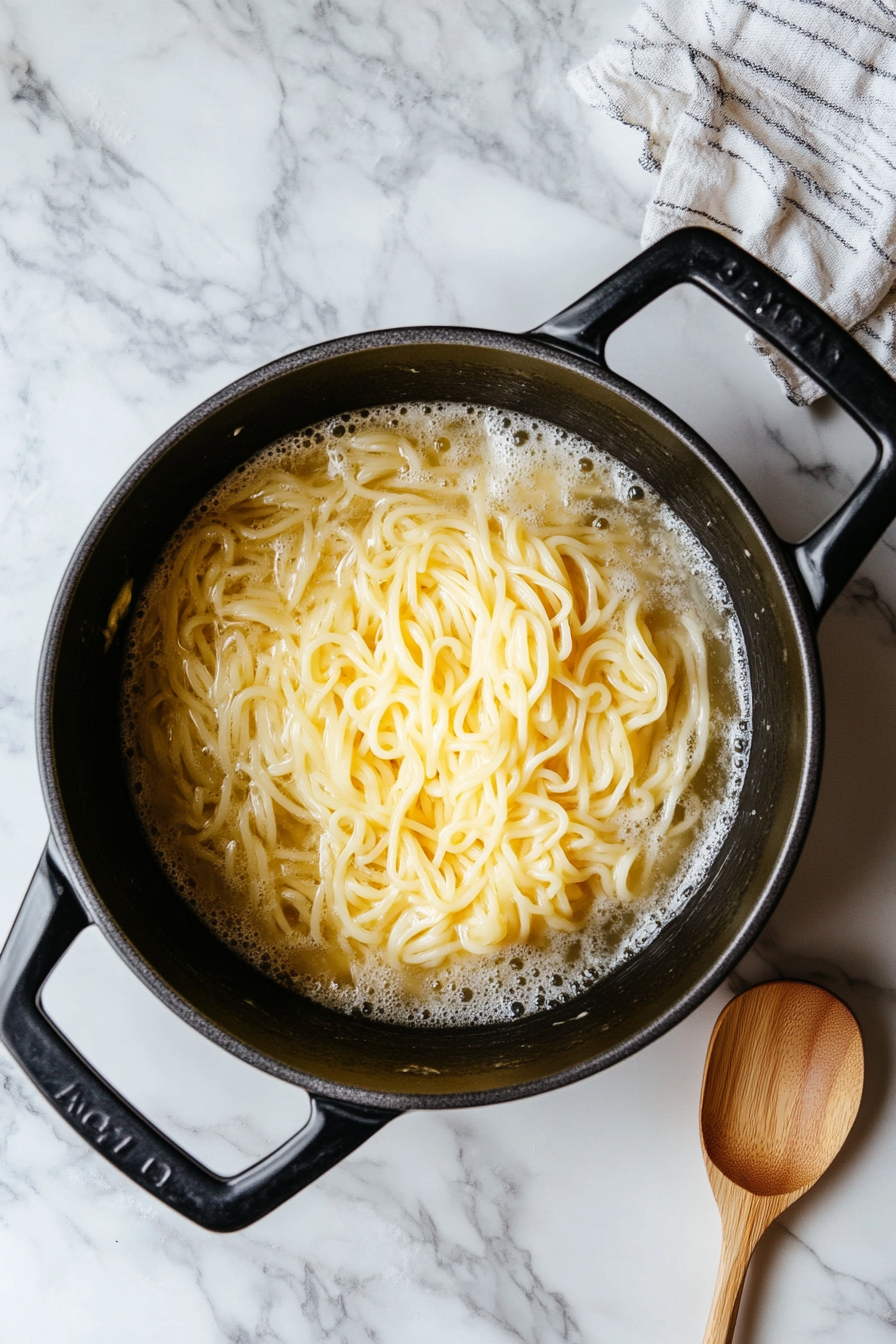 This image shows pasta boiling in a large pot of salted water, cooking to the perfect al dente texture, ready to be combined with the creamy mushroom Alfredo sauce.