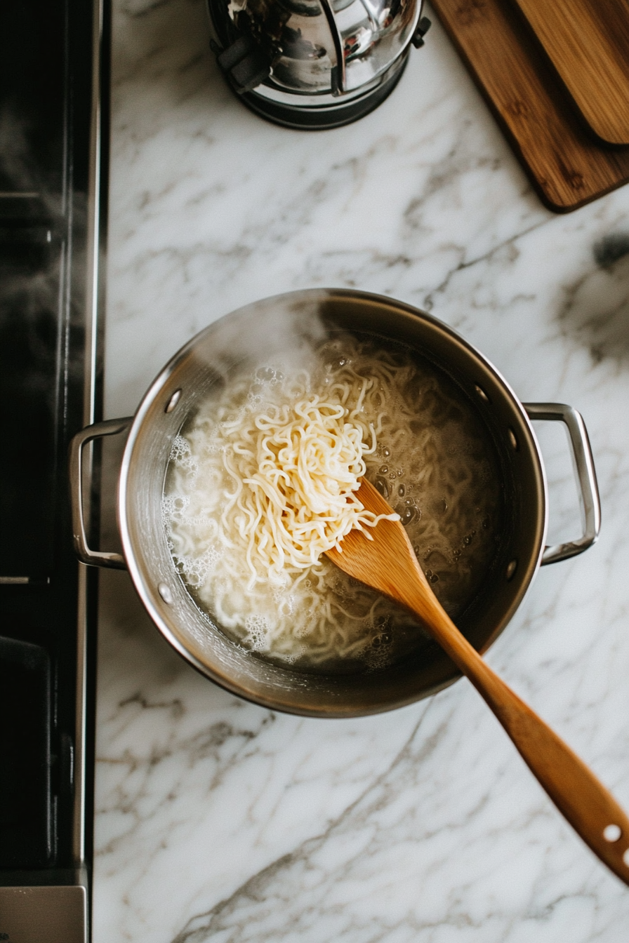 This image shows a large pot of water boiling with noodles like udon or lo mein, cooking until they are soft and ready to be used in the Teriyaki Noodles recipe.