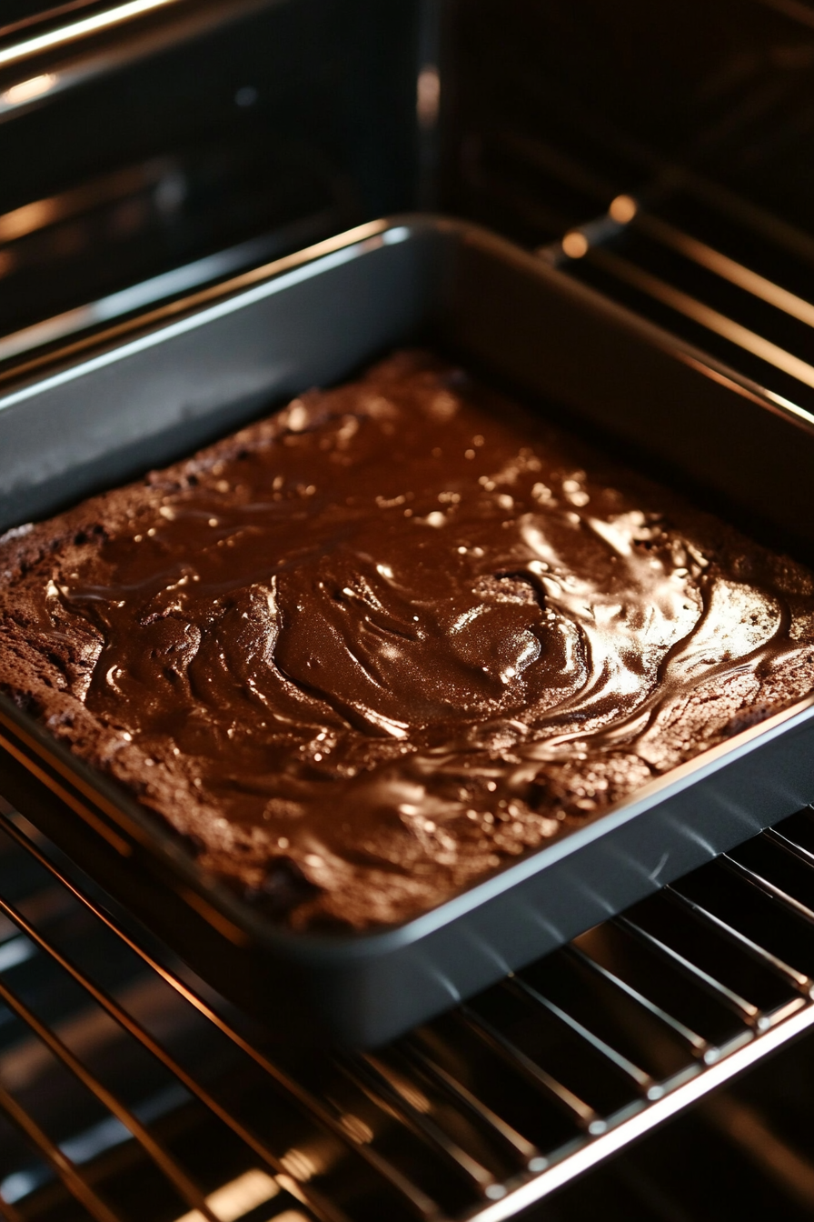 This image shows the Nutella brownie batter baking in the oven at 350°F, slowly forming a fudgy, rich brownie texture.