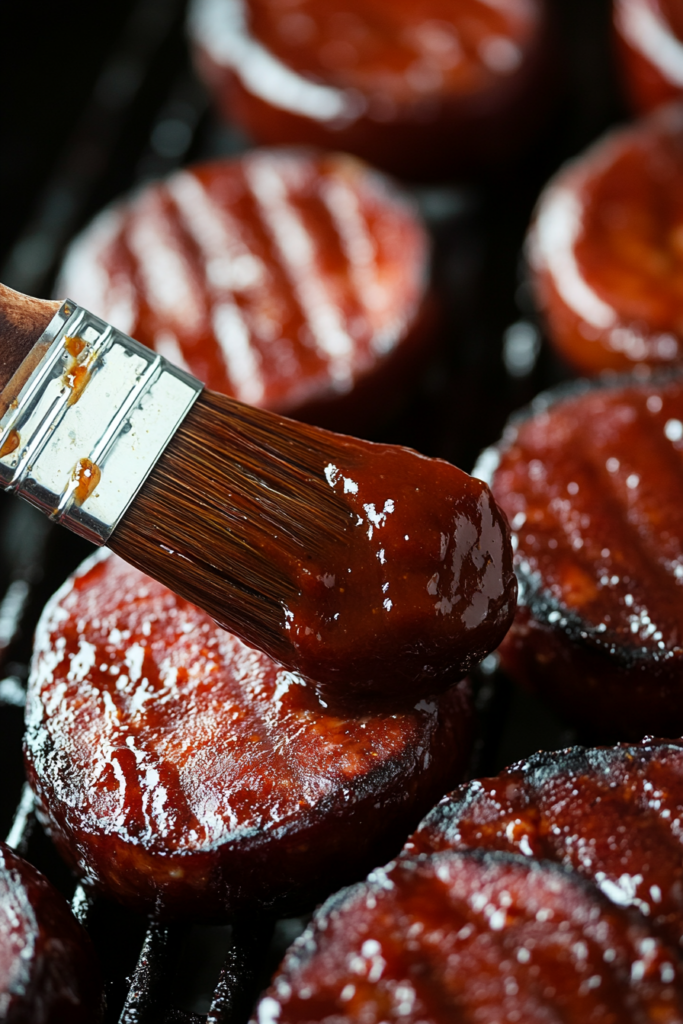 A basting brush applying a honey mustard glaze on smoked kielbasa slices during the last 30 minutes of smoking, enhancing their flavor and giving them a glossy finish.

