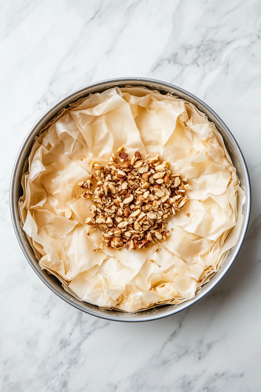 This image shows multiple sheets of phyllo dough being carefully layered in a round springform pan, with each sheet brushed generously with melted ghee to create the base for the baklava cheesecake.