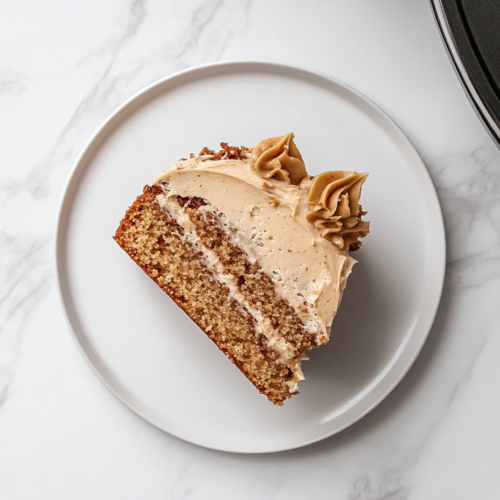 This image shows a full butterscotch cake resting on a cooling rack, topped with smooth, rich butterscotch frosting. The cake's golden sponge layers are visible beneath the frosting, and the cake is decorated with simple garnishes like mint leaves or fresh berries, giving it an inviting and decadent appearance. Perfectly sliced, this cake is ready for serving.