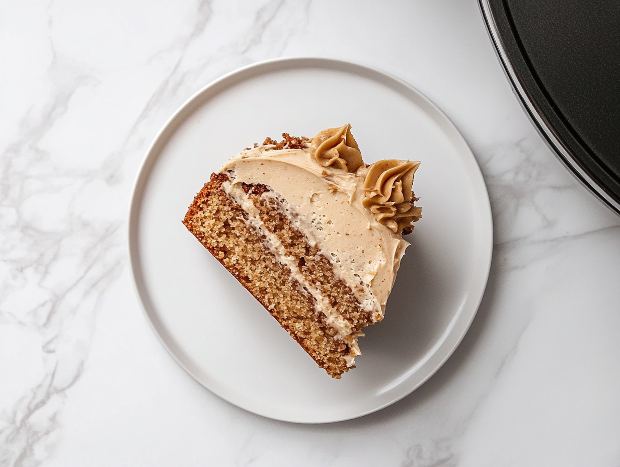 This image shows a full butterscotch cake resting on a cooling rack, topped with smooth, rich butterscotch frosting. The cake's golden sponge layers are visible beneath the frosting, and the cake is decorated with simple garnishes like mint leaves or fresh berries, giving it an inviting and decadent appearance. Perfectly sliced, this cake is ready for serving.