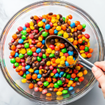 This image shows the fully prepared candy salad in a large serving bowl, filled with a variety of gummy candies such as peach rings, gummy bears, and Nerds gummy clusters. The vibrant colors and fun shapes make it a cheerful and enticing dessert, perfect for parties or sharing with friends.