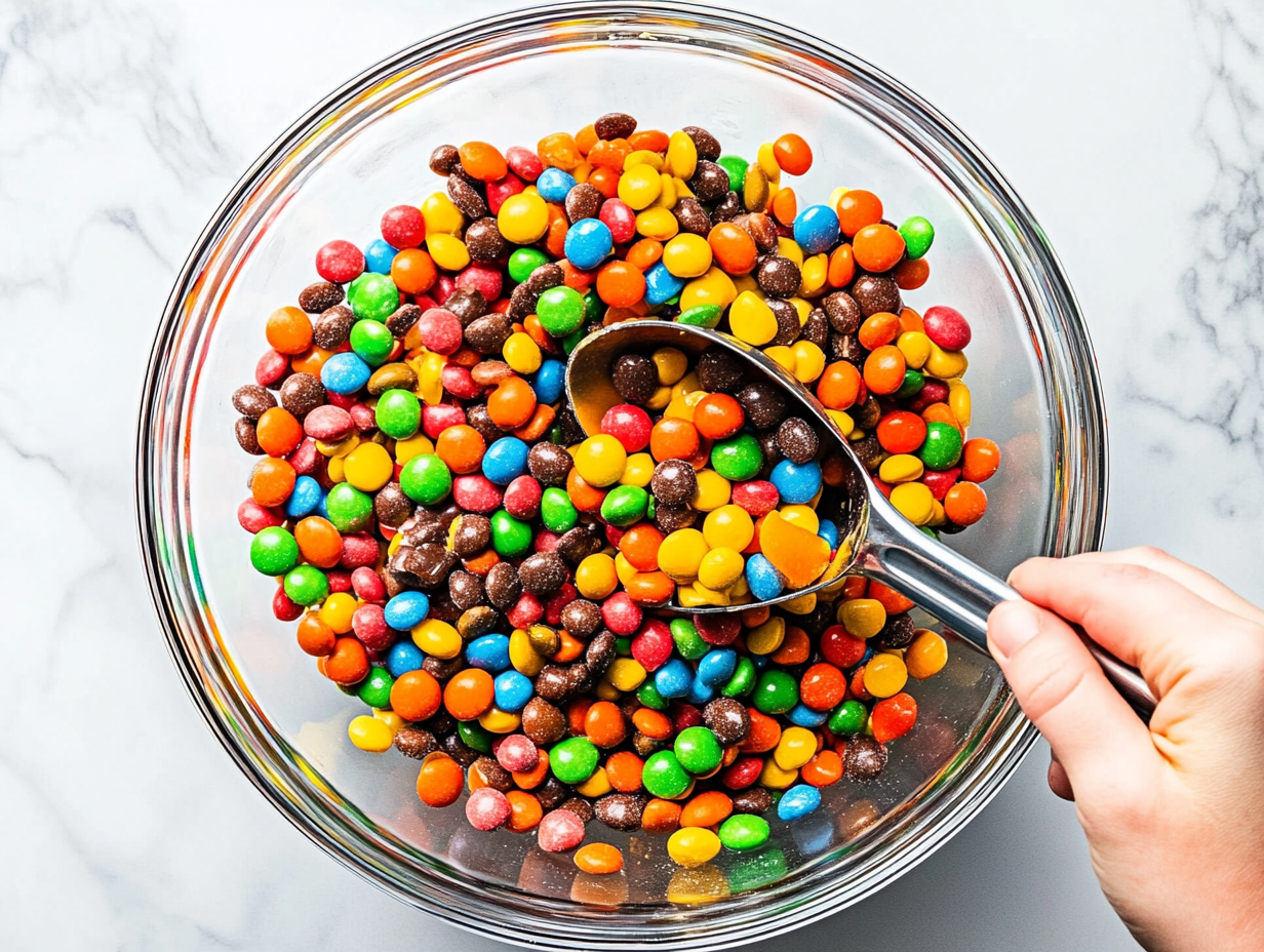 This image shows the fully prepared candy salad in a large serving bowl, filled with a variety of gummy candies such as peach rings, gummy bears, and Nerds gummy clusters. The vibrant colors and fun shapes make it a cheerful and enticing dessert, perfect for parties or sharing with friends.