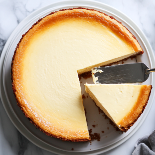 This image shows a slice of Chantal’s New York Cheesecake, showcasing its creamy, rich texture, with a golden graham cracker crust, perfect for serving after being chilled overnight.