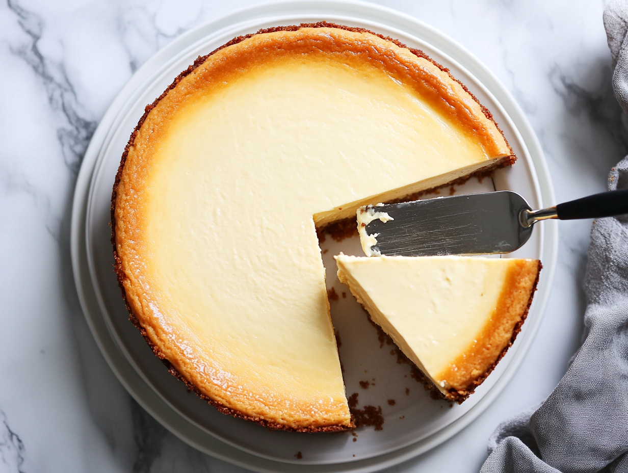 This image shows a slice of Chantal’s New York Cheesecake, showcasing its creamy, rich texture, with a golden graham cracker crust, perfect for serving after being chilled overnight.