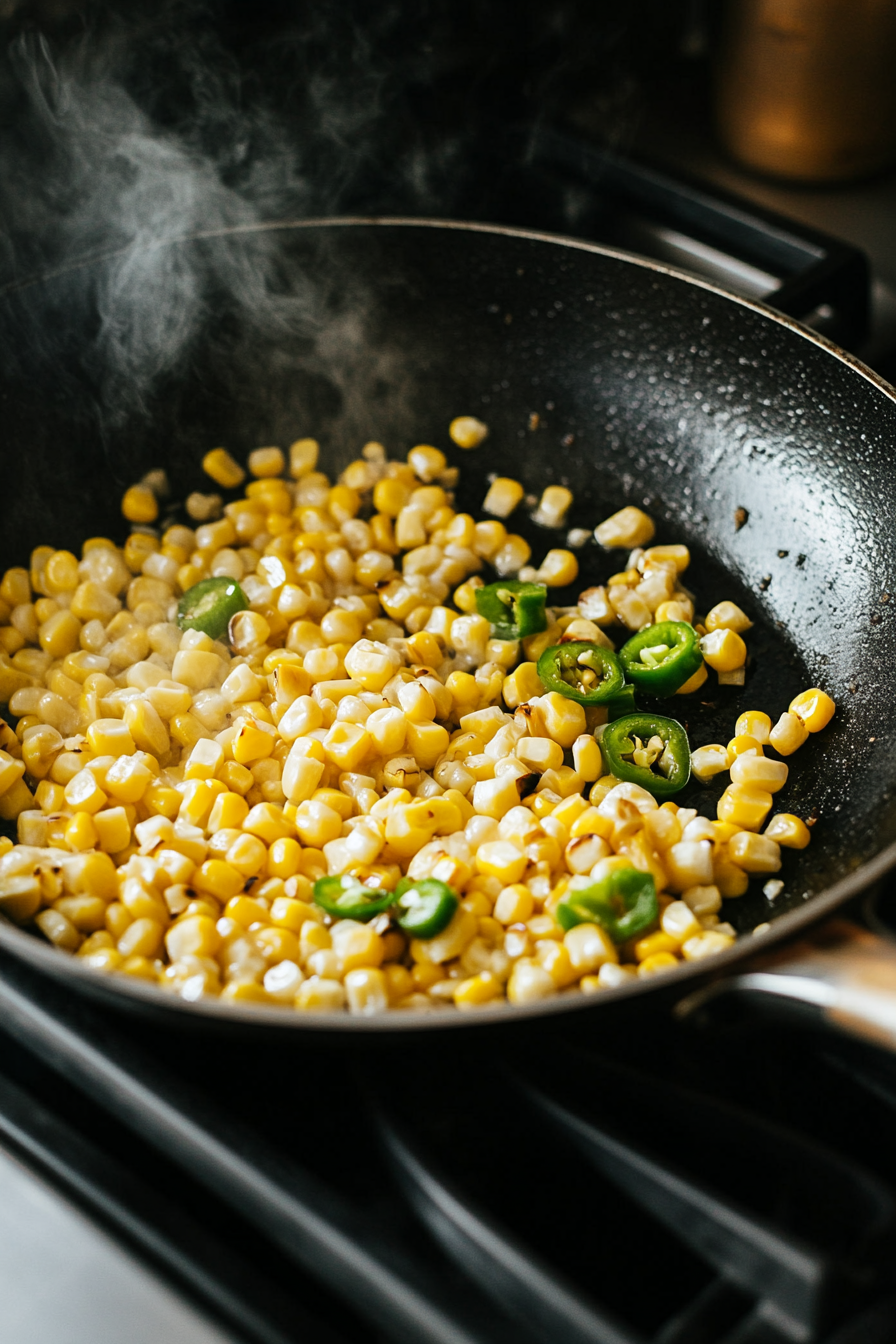 This image shows corn and sliced jalapeños being charred in a hot skillet with olive oil. The vegetables have a slightly blackened, smoky look, giving them a deep flavor for the Mexican street slaw.