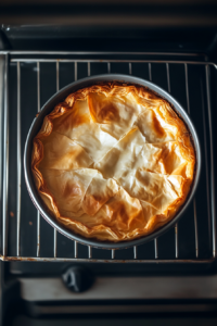 This image shows the baklava cheesecake baking in the oven, with the phyllo crust turning golden brown and crisp around the creamy filling.