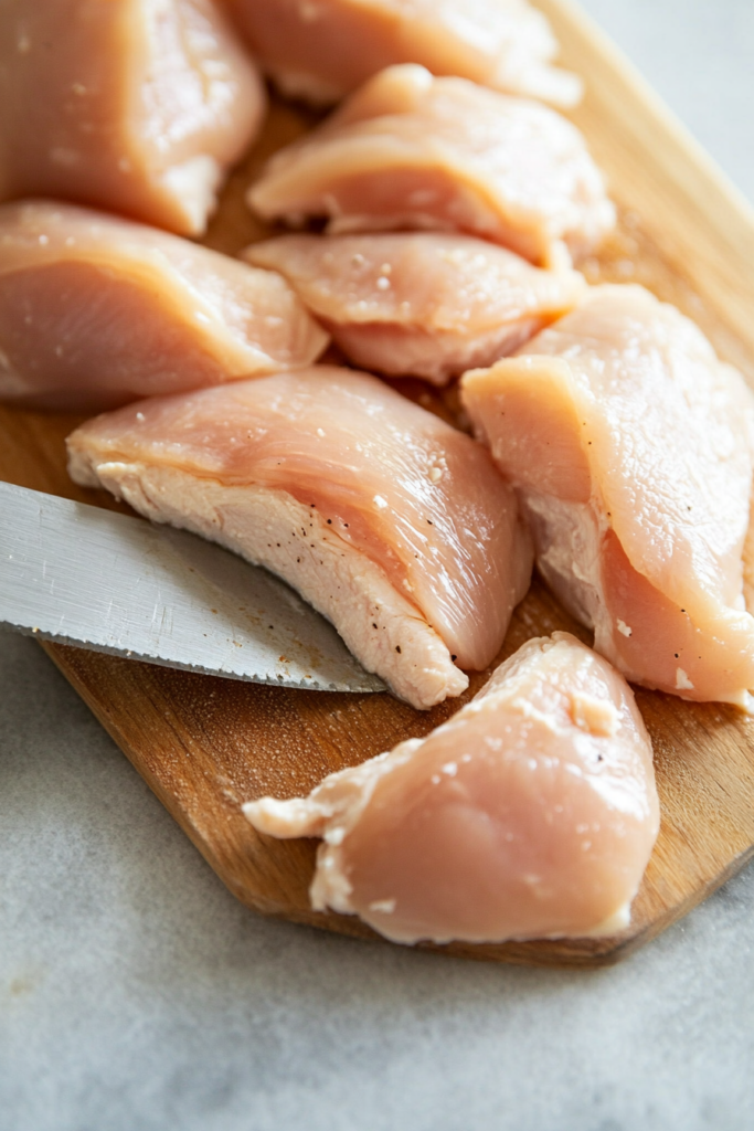 This image shows that boneless, skinless chicken breasts have been placed on a cutting board, with pockets carefully cut into each breast, ready to be stuffed.