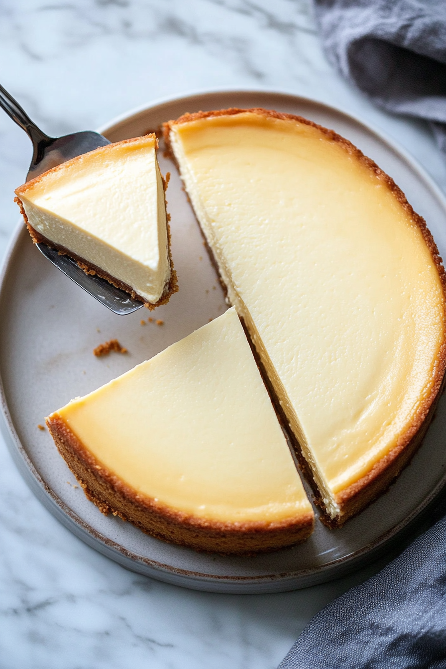 The image shows a fully set cheesecake refrigerated, ensuring a firm and creamy texture before slicing and serving. The golden-brown crust and smooth top indicate a perfectly made New York cheesecake, ready to be enjoyed.