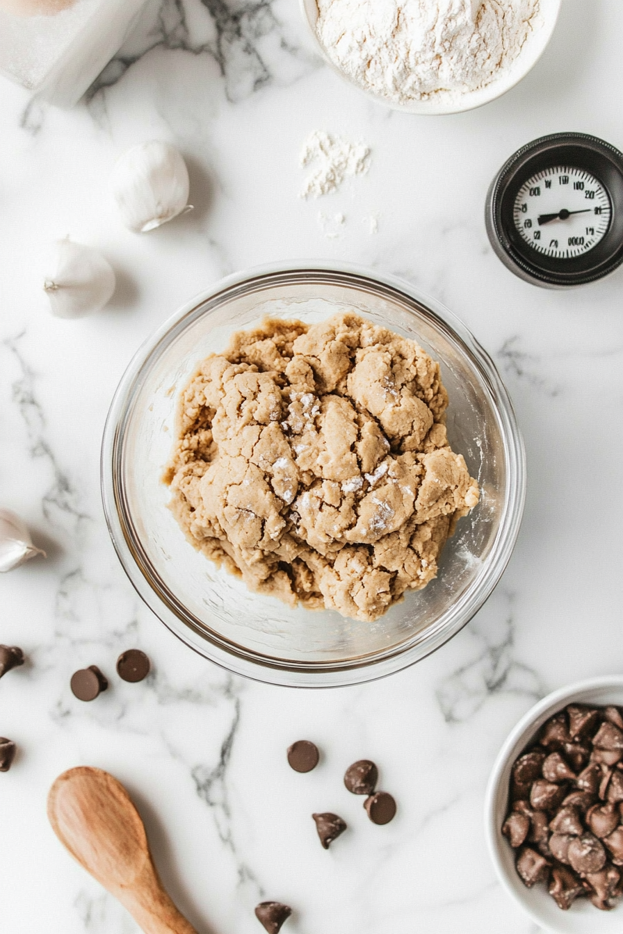 This image shows the mixed protein oats cookie dough being covered and placed in the fridge to chill for 30 minutes, allowing the dough to firm up before shaping.