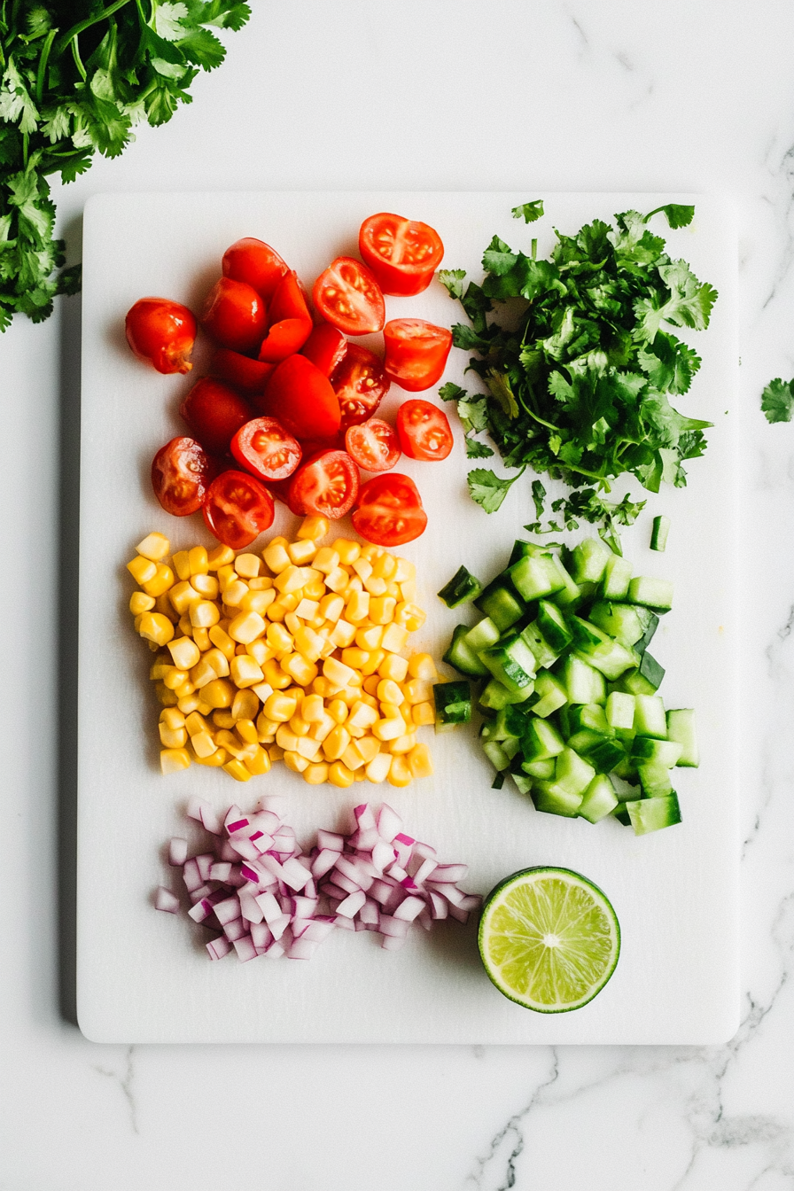 This image shows a cutting board filled with fresh ingredients for the summer corn salad. There are sweet corn kernels, sliced cherry tomatoes, diced green pepper, and finely chopped red onions, all arranged neatly on the board. A small bowl of lime zest and a cilantro bunch are ready to be added, highlighting the freshness and vibrant colors of the ingredients before mixing.