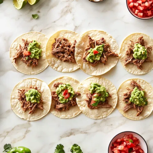 Top-down view over a white marble cooktop with small flour tortillas on a clean surface. A dollop of guacamole is spread on each tortilla, followed by a generous spoonful of crispy shredded meat. Salsa and taco toppings are ready to be added, showcasing the colorful ingredients and inviting presentation.