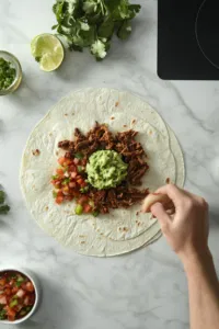 Top-down view over a white marble cooktop with small flour tortillas on a clean surface. A dollop of guacamole is spread on each tortilla, followed by a generous spoonful of crispy shredded meat. Salsa and taco toppings are ready to be added, showcasing the colorful ingredients and inviting presentation.