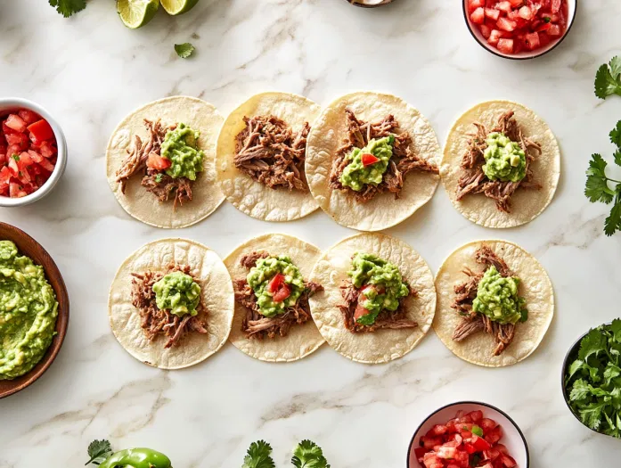 Top-down view over a white marble cooktop with small flour tortillas on a clean surface. A dollop of guacamole is spread on each tortilla, followed by a generous spoonful of crispy shredded meat. Salsa and taco toppings are ready to be added, showcasing the colorful ingredients and inviting presentation.