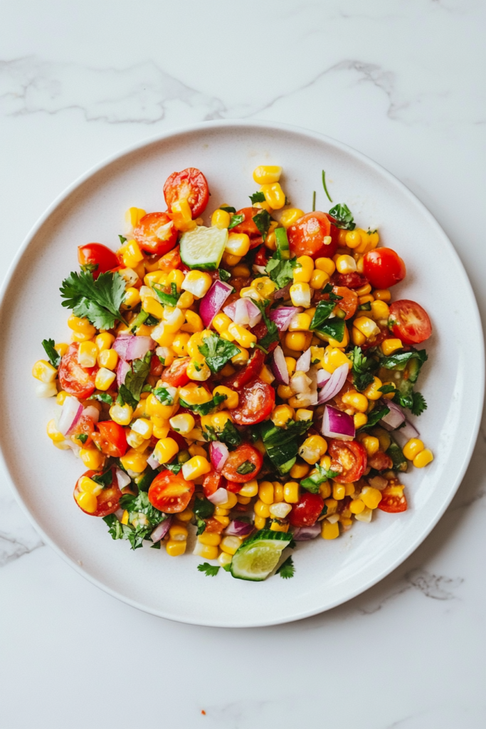 This image shows a large mixing bowl filled with corn, cherry tomatoes, diced green pepper, red onions, cilantro, and lime zest. A wooden spoon is gently tossing the ingredients together, coating them with a tangy lime and olive oil dressing. The mixture is colorful, fresh, and ready to chill before serving.