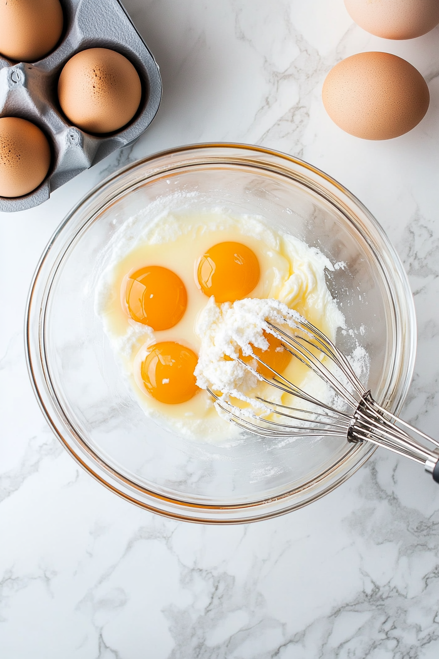 This image shows eggs and sugar being beaten with an electric mixer until the mixture becomes light, thick, and slightly frothy for the Nutella brownie batter.