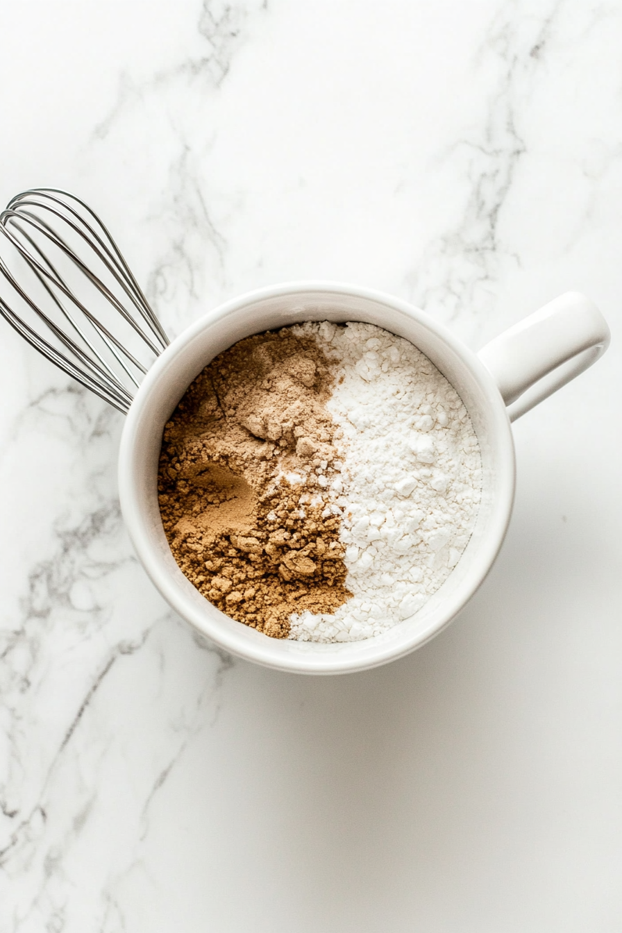 This image shows a mixing bowl filled with all-purpose flour, brown sugar, baking powder, and a pinch of salt being combined with a whisk to create the dry ingredient mixture for the banana mug cake.