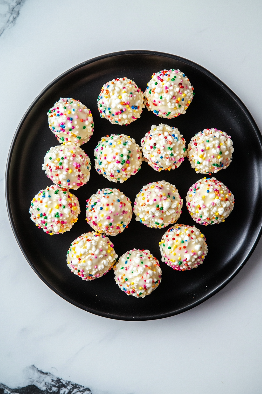 This image shows the finished marshmallow popcorn balls, perfectly shaped and arranged on a plate, ready to be enjoyed.