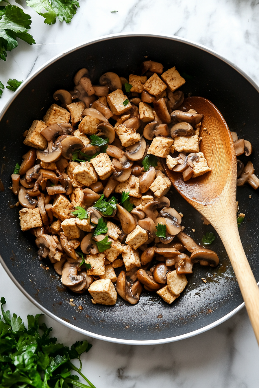 This image shows crumbled tofu and finely chopped baby bella mushrooms being sautéed in a nonstick skillet, turning golden brown as the liquid evaporates.