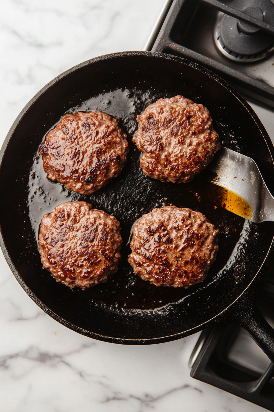 This image shows four beef burger patties sizzling in a cast iron skillet, cooking to perfection for assembling delicious avocado burgers.