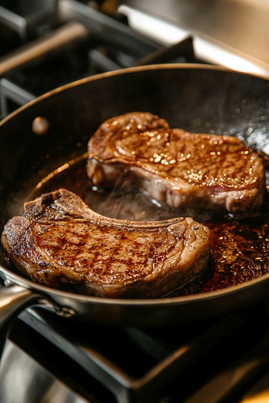 This image shows ribeye steaks sizzling in a hot skillet with vegetable oil. The steaks are being cooked to achieve a medium-rare doneness.