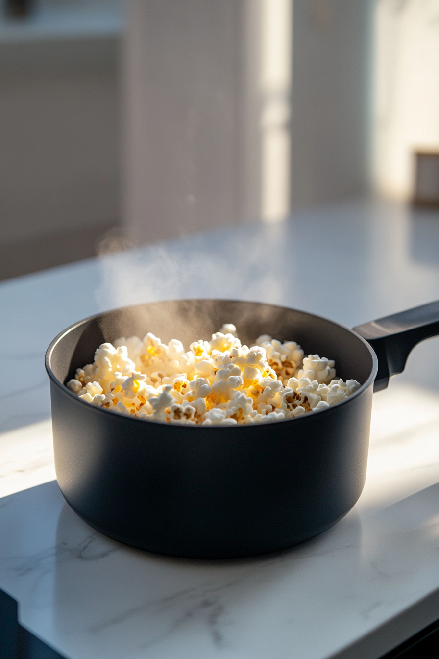 This image shows popcorn being cooked in a covered saucepan, with the kernels popping rapidly as they heat up.