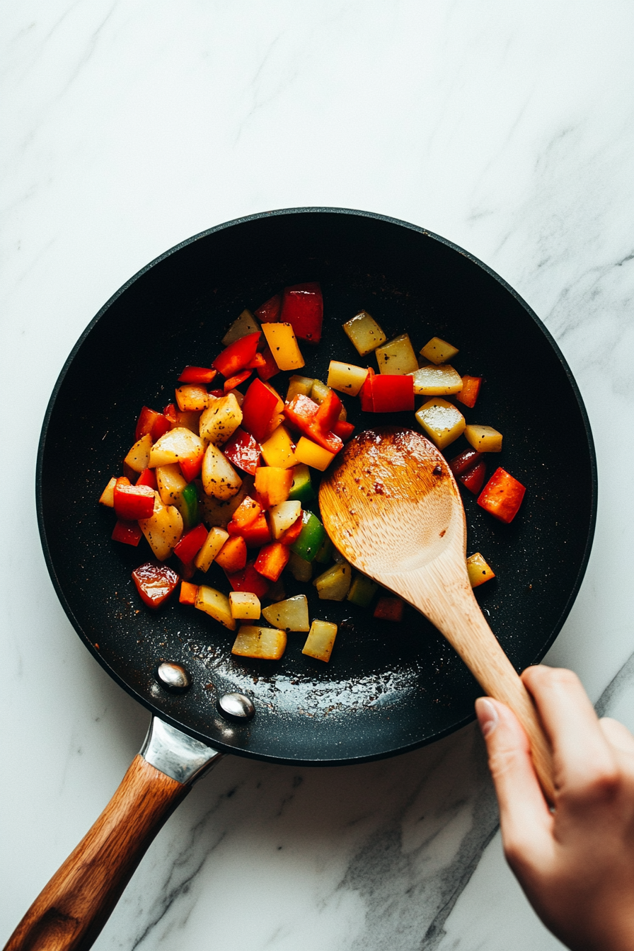 This image shows diced onions, red bell peppers, and potatoes cooking in a skillet with oil, creating the flavorful base for the shakshuka sauce.