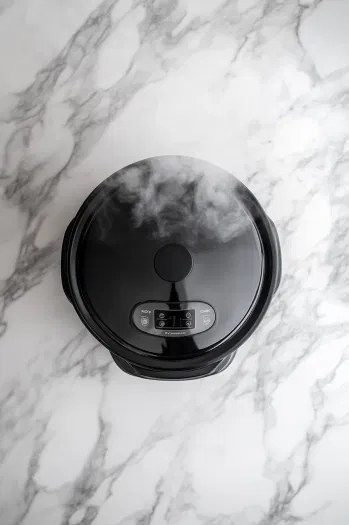 Top-down view over a white marble cooktop with the black crockpot's lid securely in place. The temperature settings show 'High' for 1-2 hours or 'Low' for 3-4 hours, with steam gently escaping, capturing the slow-cooking process.