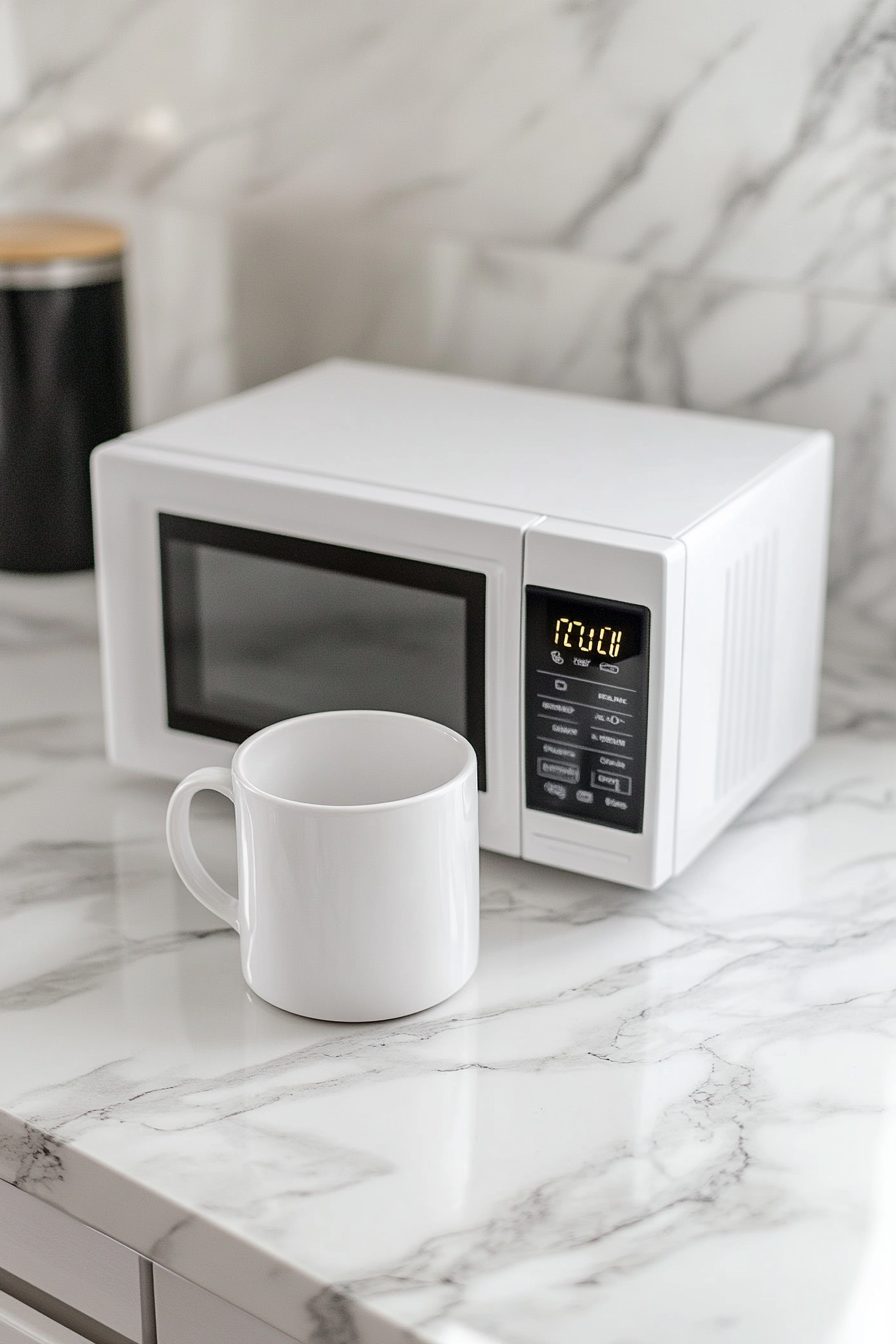 This image shows a microwave-safe mug filled with the banana mug cake batter being microwaved, with a timer set for three minutes, while the cake rises and cooks inside.