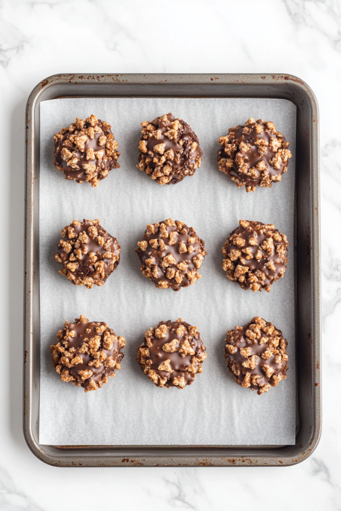 This image shows that the Star Crunch treats are cooling on parchment paper and are now firm and ready to be served. The treats have a shiny finish and a crunchy texture.