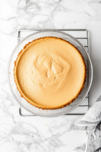 This image shows the vegan cheesecake cooling on a rack after being baked, allowing it to set properly before being chilled.