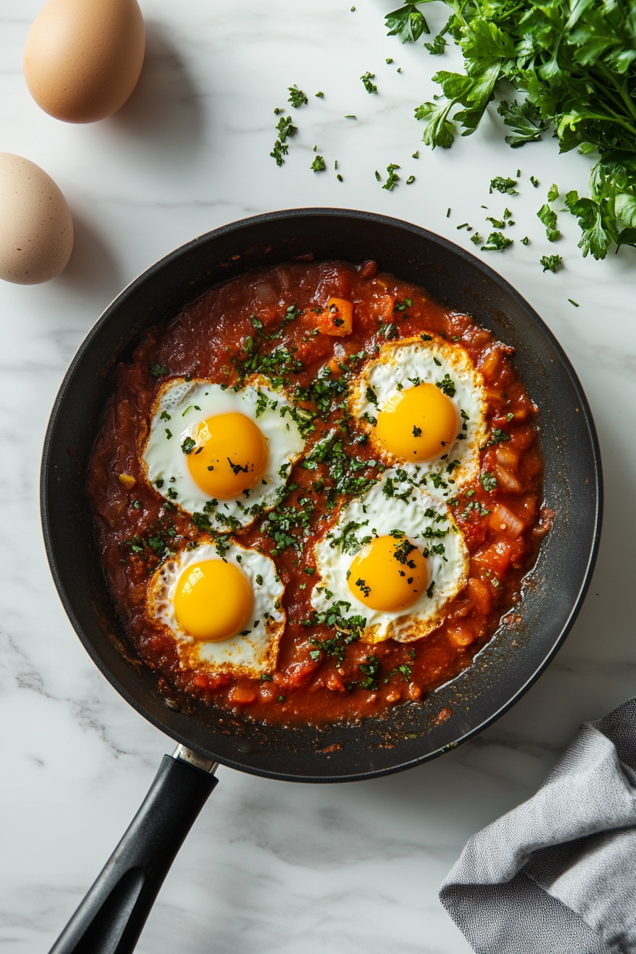 This image shows eggs being carefully cracked into the simmering tomato sauce, with small wells made in the sauce for poaching the eggs to perfection.