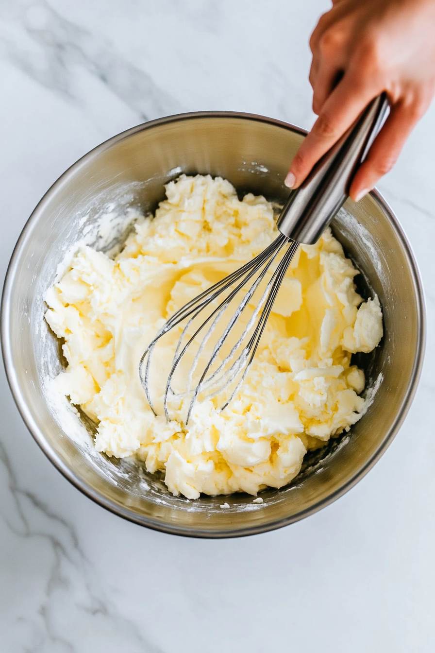 This image shows unsalted butter and granulated sugar being whipped together in a large mixing bowl until they are smooth and fluffy, forming the base of the pound cake batter.