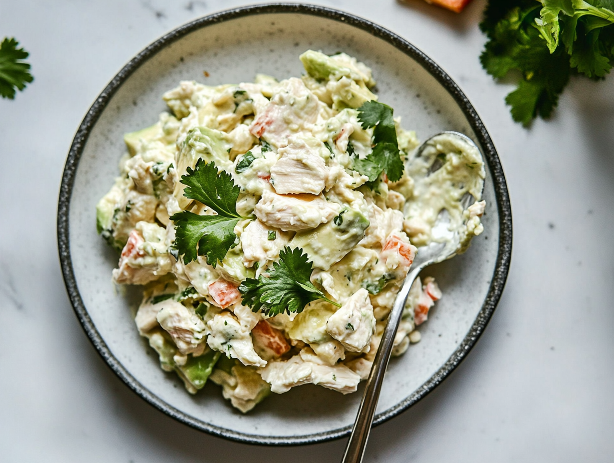 This image shows a creamy avocado chicken salad served on a white plate, with fresh lime wedges and cilantro on the side, highlighting its vibrant colors and rich texture, perfect for a light and healthy meal.