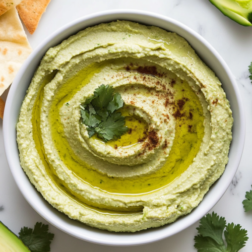 This image shows a vibrant bowl of creamy avocado hummus, garnished with fresh cilantro and a drizzle of olive oil, surrounded by colorful vegetable chips and pita bread, ready for serving.