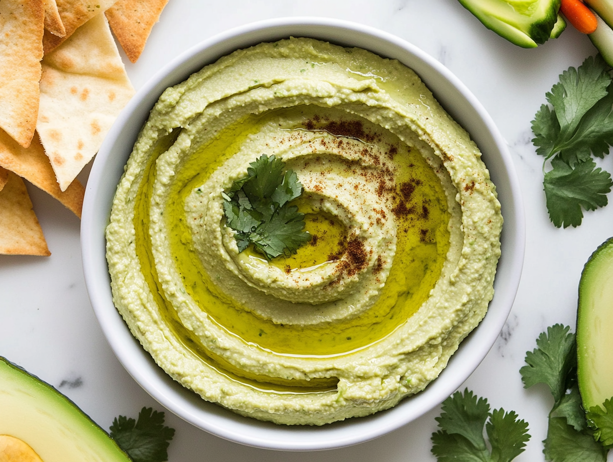 This image shows a vibrant bowl of creamy avocado hummus, garnished with fresh cilantro and a drizzle of olive oil, surrounded by colorful vegetable chips and pita bread, ready for serving.