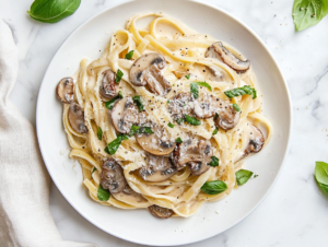 This image shows a bowl of creamy Mushroom Alfredo pasta, topped with sautéed mushrooms, a sprinkle of Parmesan cheese, and fresh basil leaves, showcasing the rich and indulgent nature of the dish.