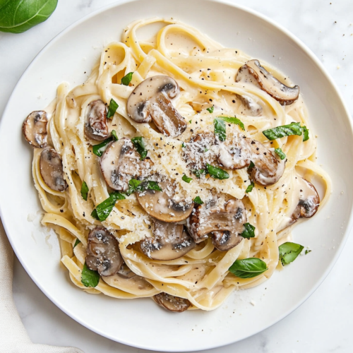 This image shows a bowl of creamy Mushroom Alfredo pasta, topped with sautéed mushrooms, a sprinkle of Parmesan cheese, and fresh basil leaves, showcasing the rich and indulgent nature of the dish.