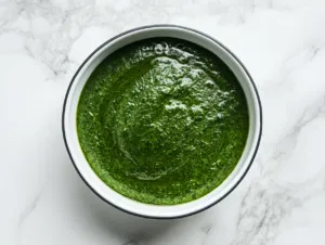 This image shows a bowl of creamy and smooth Palak Sauce, topped with a sprinkle of fresh herbs, showcasing its rich green color and inviting texture. Perfect for pairing with Indian dishes.