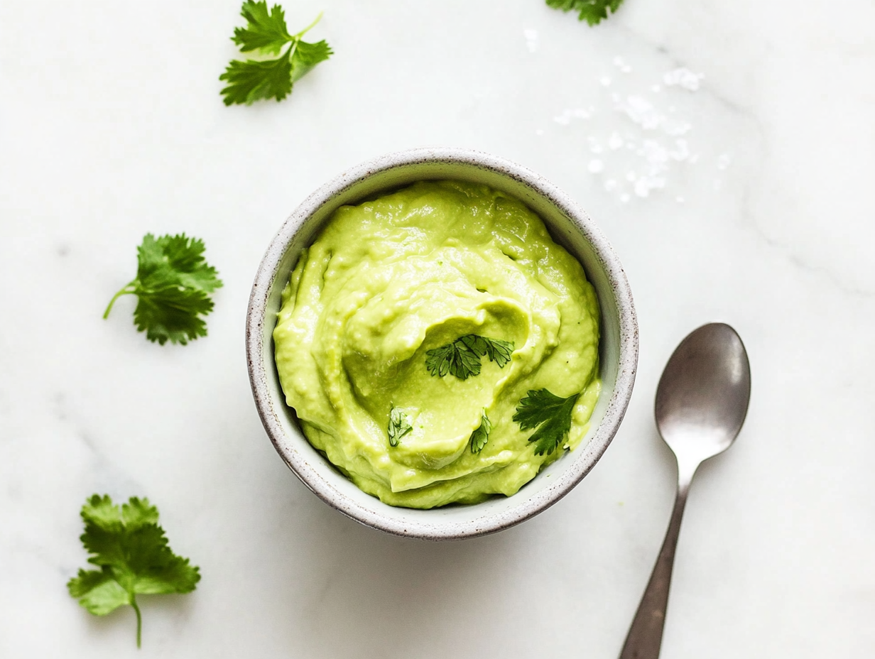 This image shows a bowl of creamy avocado crema with a spoon, garnished with fresh cilantro and lime wedges, ready to be drizzled over tacos, nachos, or grilled meats for a refreshing and flavorful addition.