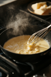 This image shows butter melting in a saucepan with flour added. The mixture is being whisked continuously to form a roux, which will be used as the base for the cheese sauce.