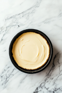 This image shows the Crème Brûlée cheesecake baking in the oven, the top of the cheesecake just starting to turn a light golden brown, signaling that the cheesecake is almost fully set.