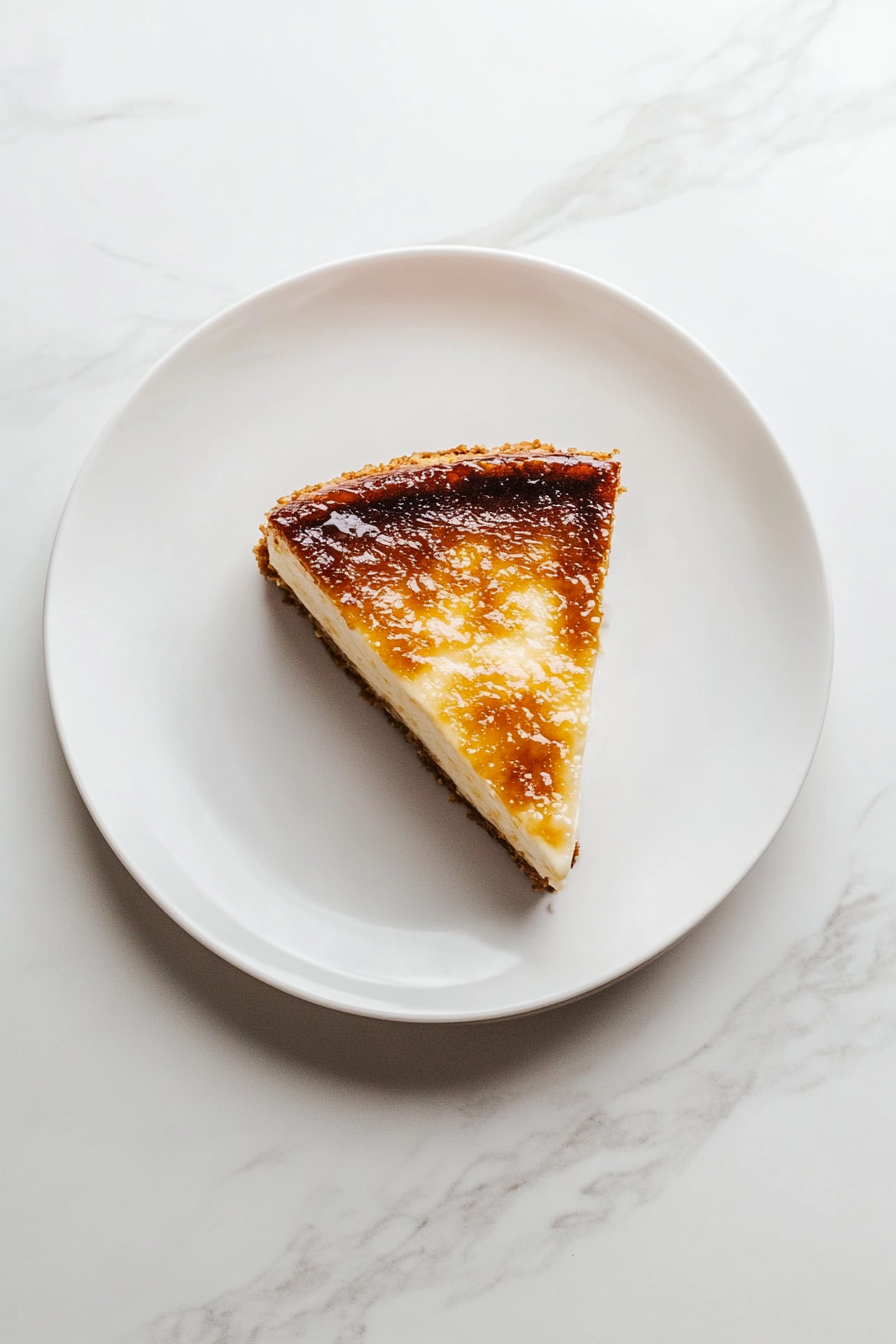 This image shows a slice of Crème Brûlée cheesecake served on a white dessert plate, garnished with fresh berries and a sprig of mint. The caramelized sugar topping glistens, highlighting the creamy and smooth filling of the cheesecake. The plate is elegantly arranged, emphasizing the dessert's rich texture and appealing presentation.