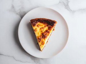 This image shows a beautifully caramelized Crème Brûlée cheesecake, sliced and ready to serve, with the golden sugar topping glistening under soft lighting. The cheesecake sits on a dessert plate, showcasing the creamy filling and crumbly graham cracker crust.