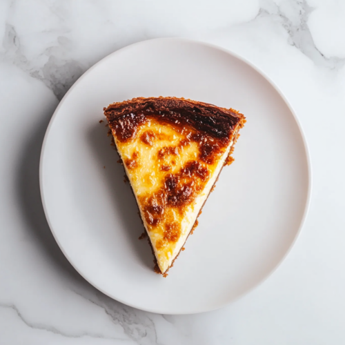 This image shows a beautifully caramelized Crème Brûlée cheesecake, sliced and ready to serve, with the golden sugar topping glistening under soft lighting. The cheesecake sits on a dessert plate, showcasing the creamy filling and crumbly graham cracker crust.