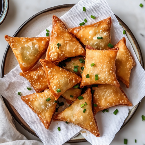 Golden, crispy cream cheese wontons arranged neatly on a plate, garnished with fresh chives, and paired with a sweet and tangy dipping sauce for the perfect bite-sized treat.